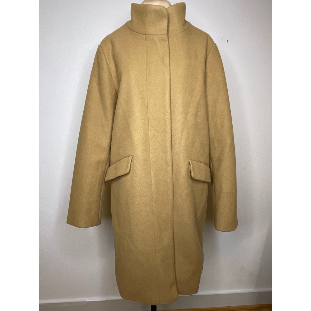Women Coat Funnel Neck Hidden Zip L 12-14 Camel Brown Minimalist